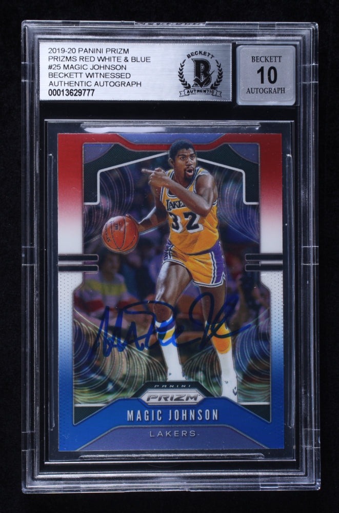 Magic Johnson Signed 2019 Panini Prizm Prizms RW&B #25 Card Auto 10! BAS Slabbed