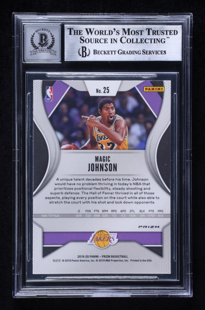 Magic Johnson Signed 2019 Panini Prizm Prizms RW&B #25 Card Auto 10! BAS Slabbed