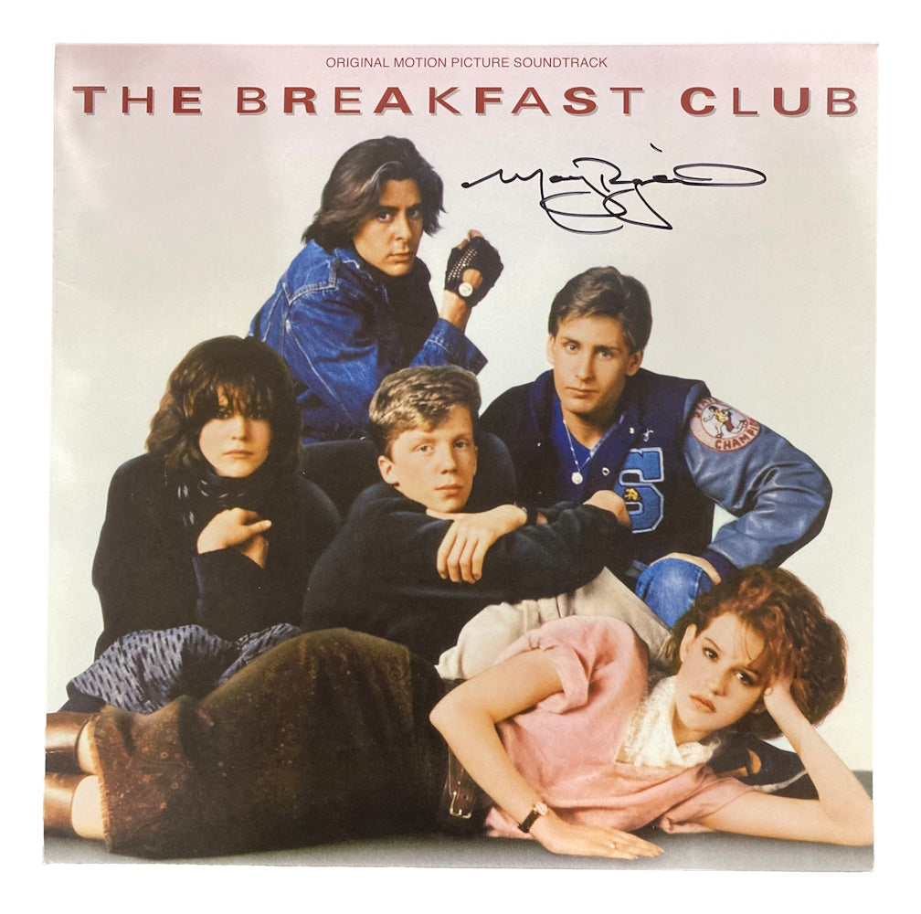 Five teenagers pose together on the Molly Ringwald Signed The Breakfast Club Vinyl Record cover by Sports Integrity, with the movie title above and Molly Ringwald’s autograph over the group.