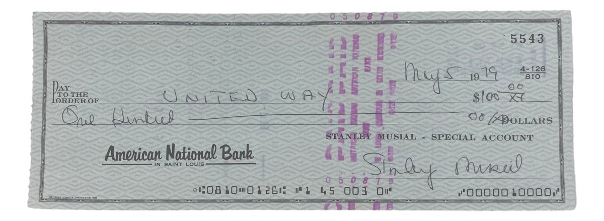 Stan Musial St. Louis Cardinals Signed Bank Check #5543 BAS - Sports Integrity