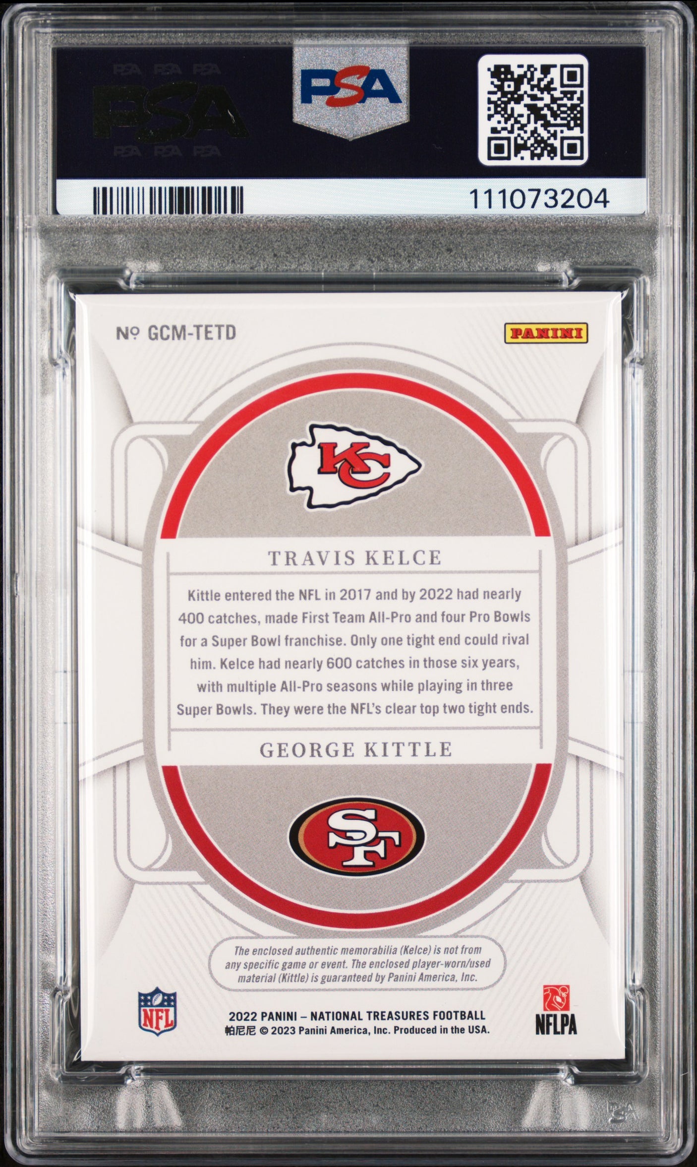 Travis Kelce & George Kittle Signed 2022 NT #TETD #88/99 Card 9 Auto 10 PSA Slab