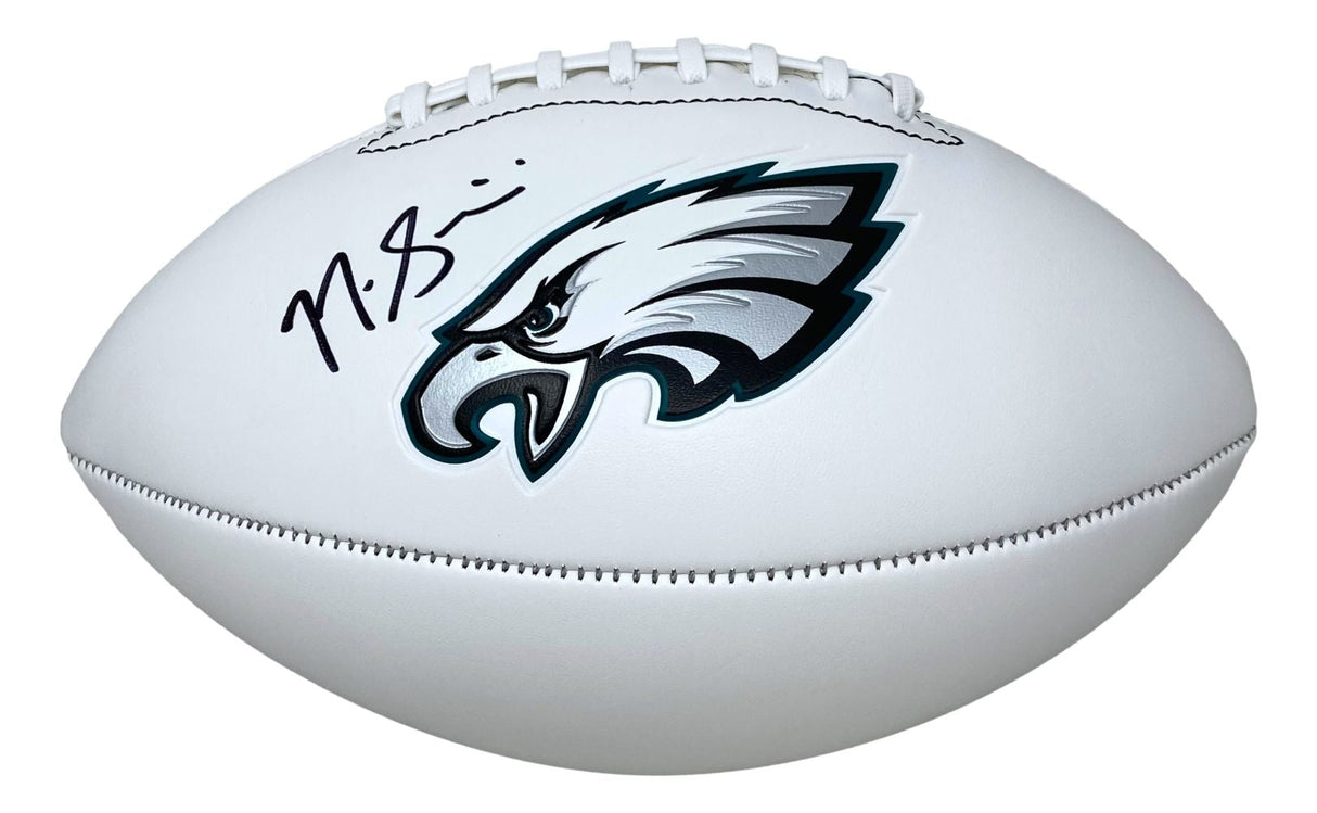 A white Philadelphia Eagles logo football by Sports Integrity, signed by Nick Sirianni with "Super Bowl 59 LIX Champ" and BAS authenticated.