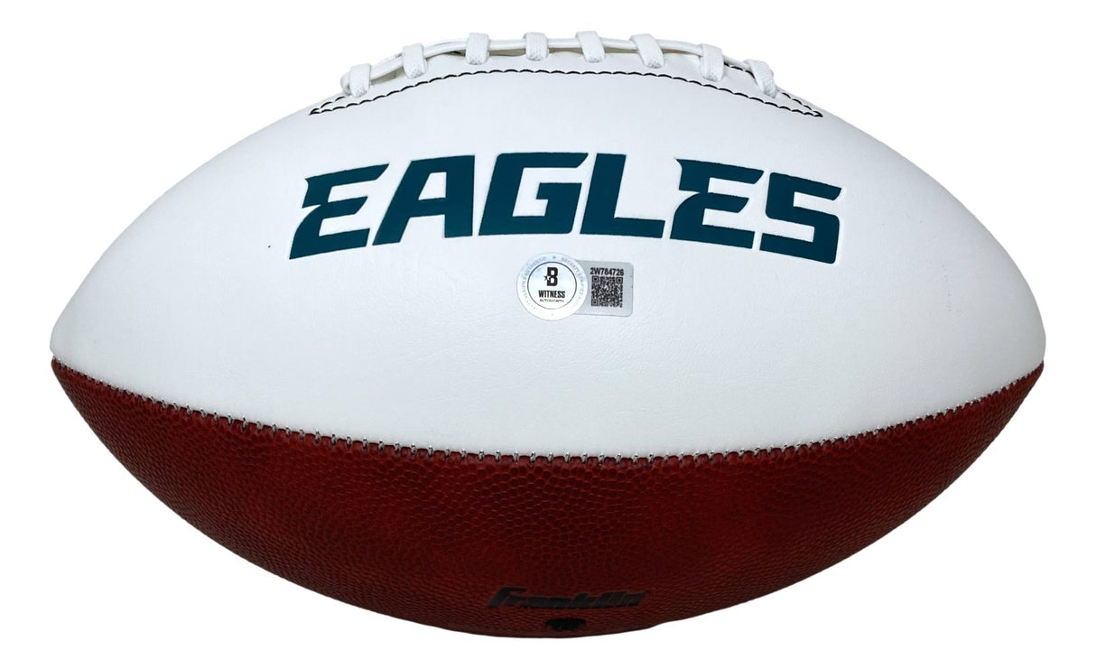 A Nick Sirianni signed Eagles logo football by Sports Integrity featuring "EAGLES" in bold dark green on a white panel, white laces, a small round logo, and "SB LIX Champs" inscription.
