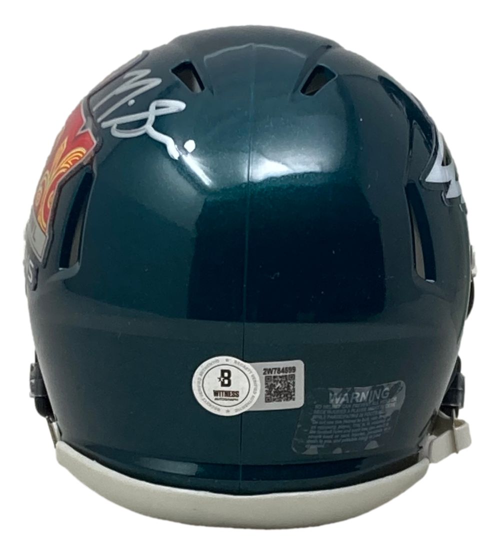 A Nick Sirianni signed Philadelphia Eagles Super Bowl 59 LIX Mini Speed Helmet by Sports Integrity, shown from the back with a white chin strap, warning label, "8 WILKES" sticker, and autograph in white marker on the left side.