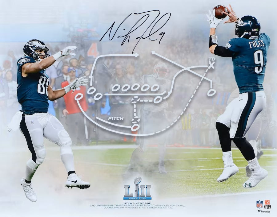 Nick Foles, in a Philadelphia Eagles uniform, catches the "Philly Special" in this signed 16x20 photo from Super Bowl LII. Features play diagram, signature overlay, and NFL logos. Product by Sports Integrity.