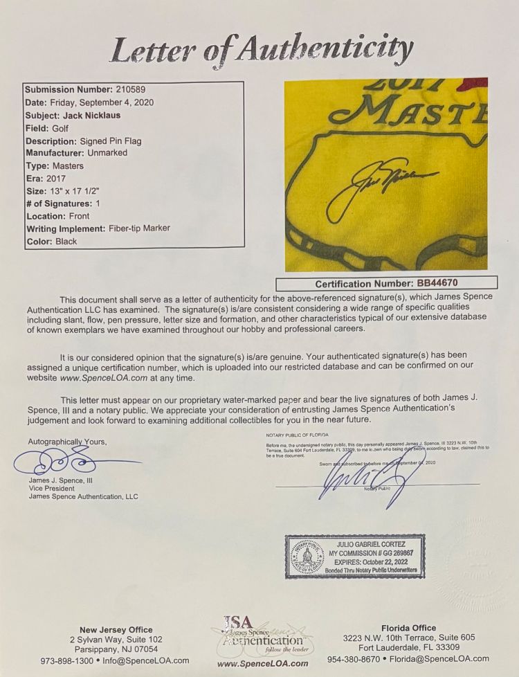 Jack Nicklaus Signed 2017 Masters Golf Flag JSA LOA