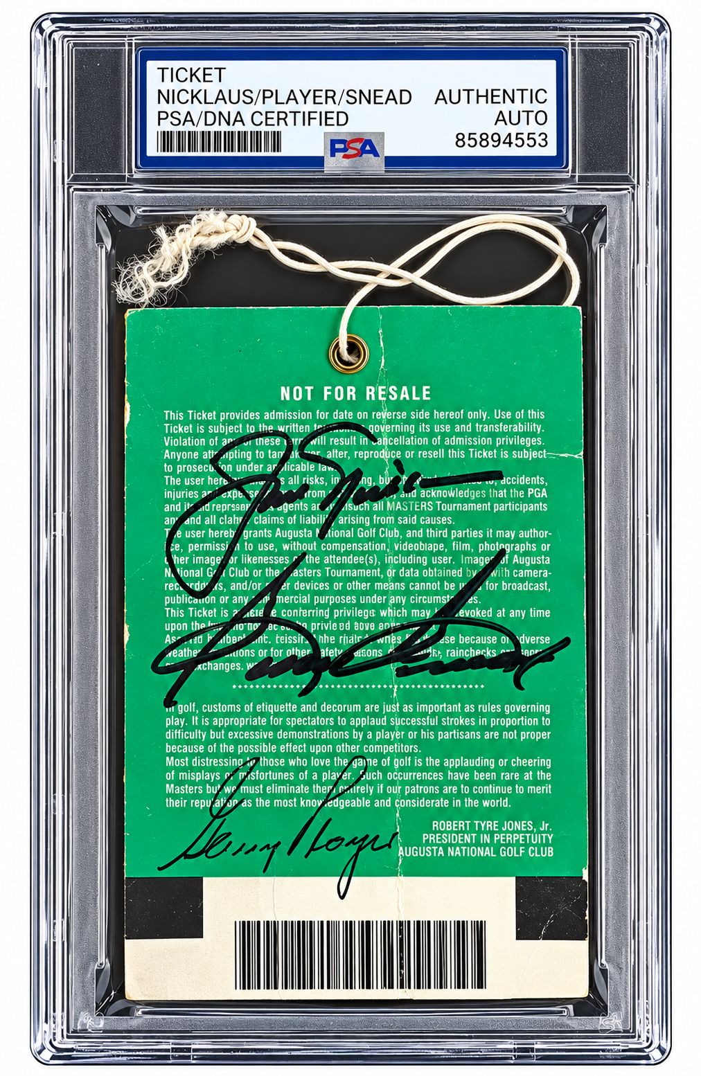 Jack Nicklaus Snead Player Signed 1998 Masters Practice Round Ticket PSA/DNA