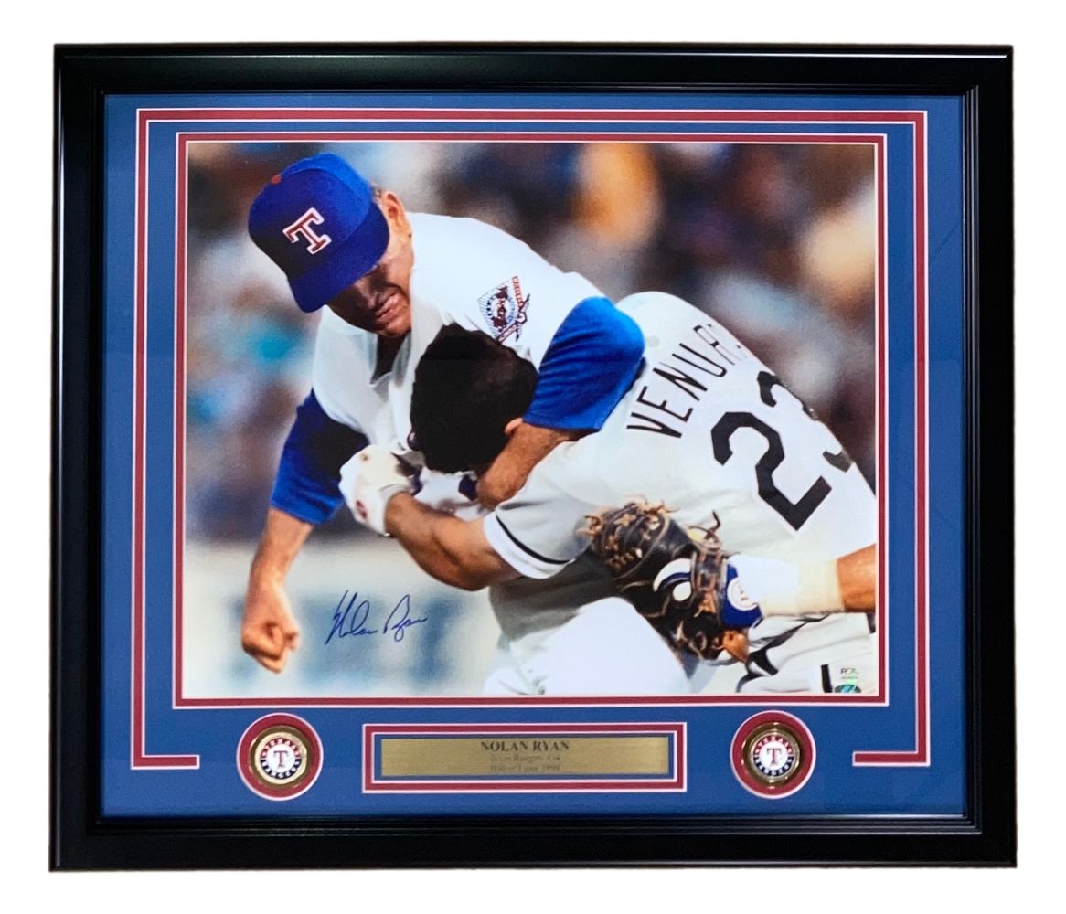 Nolan Ryan Signed Framed 16x20 Texas Rangers Ventura Fight Photo PSA/DNA