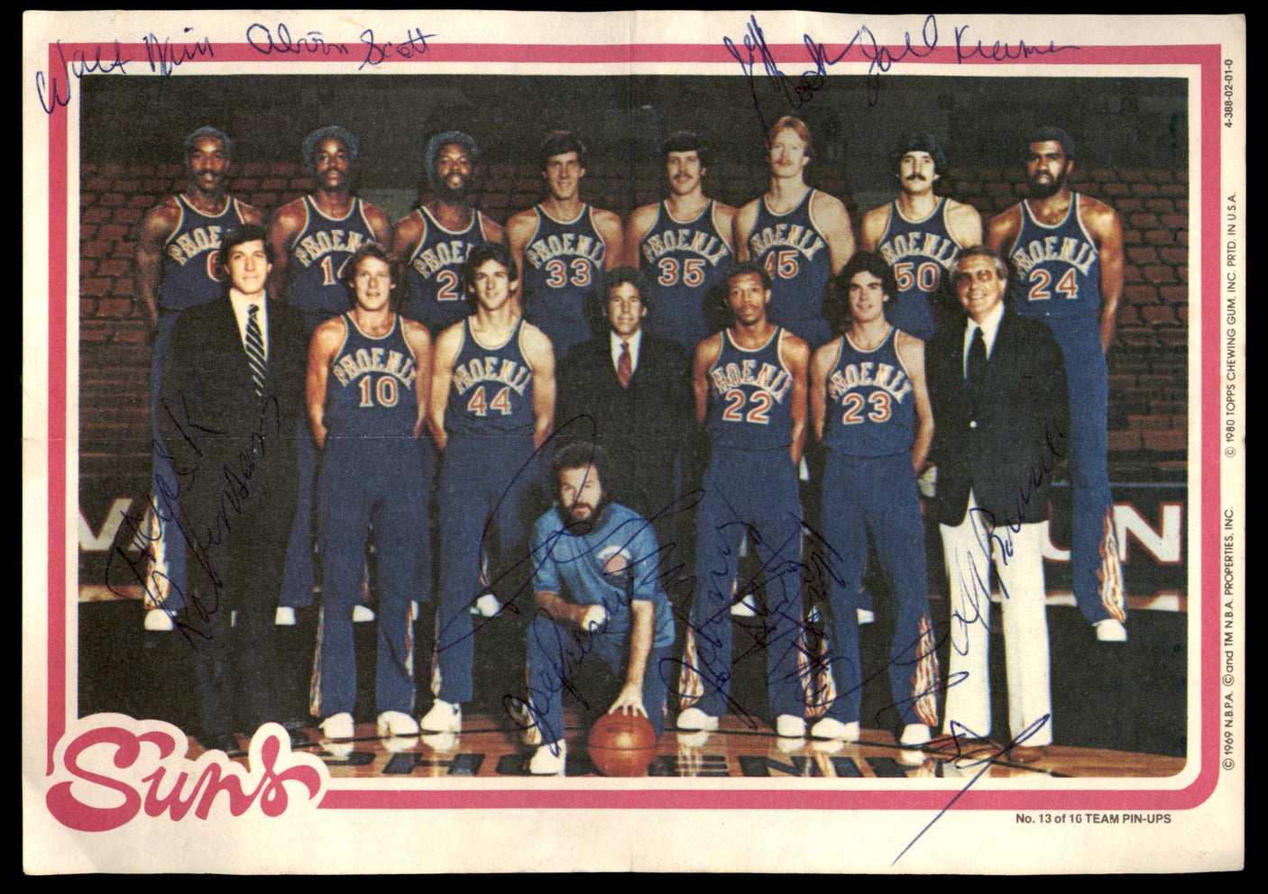 Phoenix Suns Team Autographed 1980-81 Topps Team Pin-ups Card With 9 Signatures Including Walter Davis & Truck Robinson SKU #252121