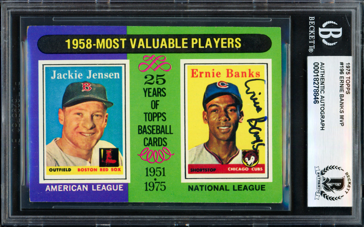 Ernie Banks Autographed 1975 Topps Card #196 Chicago Cubs Beckett BAS #18278846