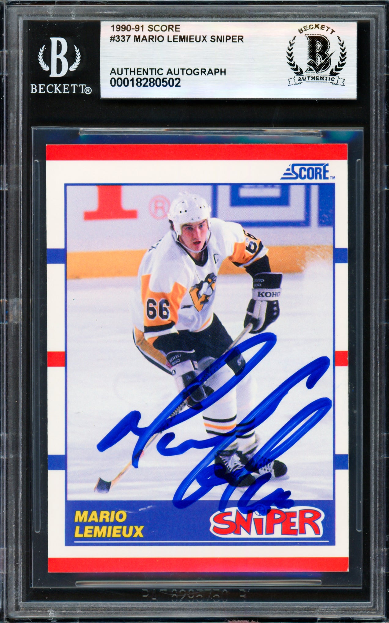 Mario Lemieux Autographed 1990-91 Score Card #337 Pittsburgh Penguins Beckett BAS #18280502