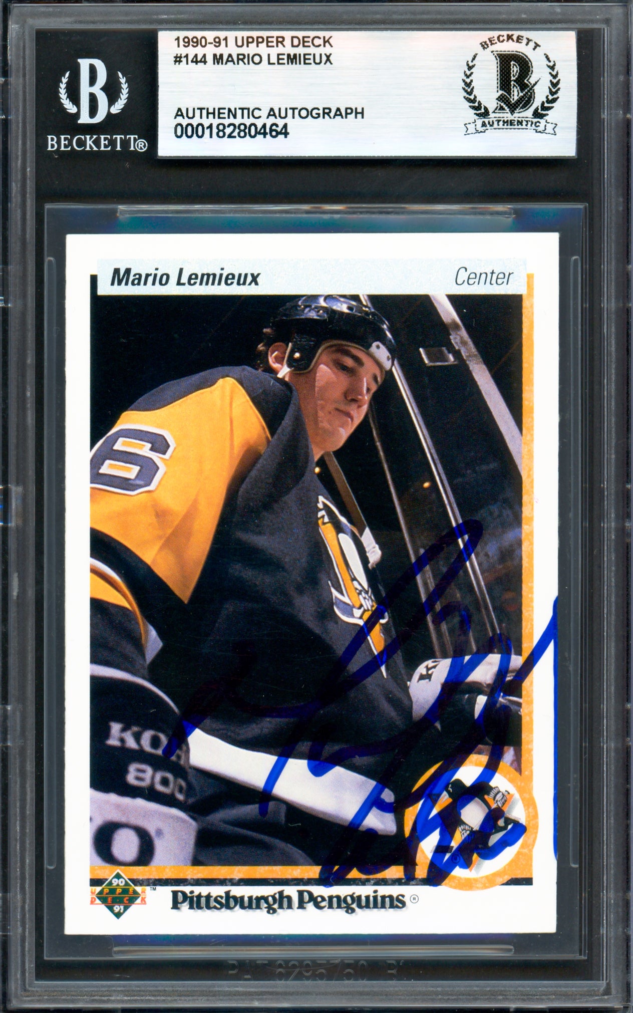 Mario Lemieux Autographed 1990-91 Upper Deck Card #144 Pittsburgh Penguins Beckett BAS #18280464