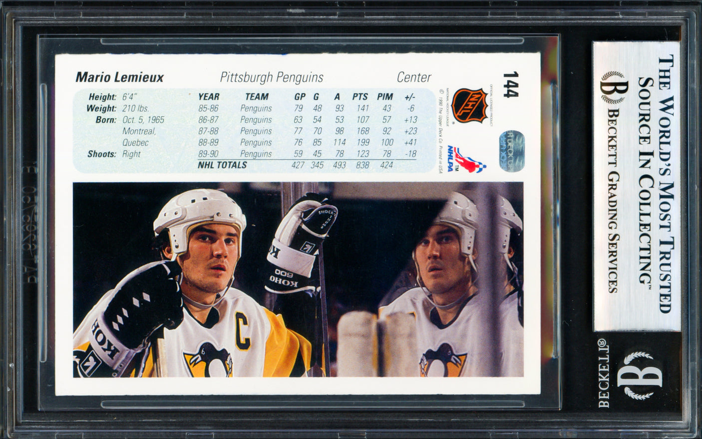 Mario Lemieux Autographed 1990-91 Upper Deck Card #144 Pittsburgh Penguins Beckett BAS #18280464