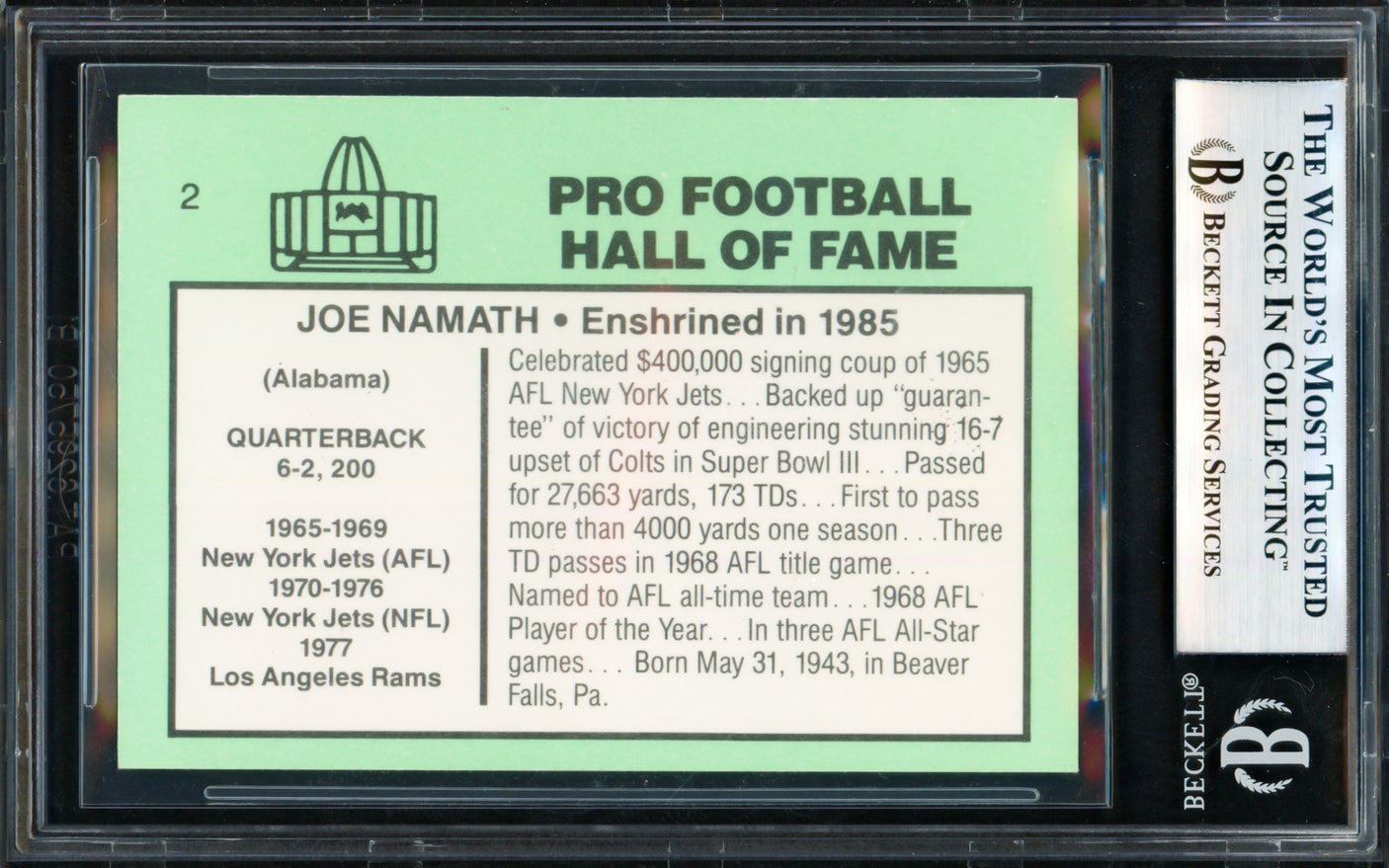 Joe Namath Autographed 1985 Football Immortals Card #2 New York Jets Beckett BAS #18280762