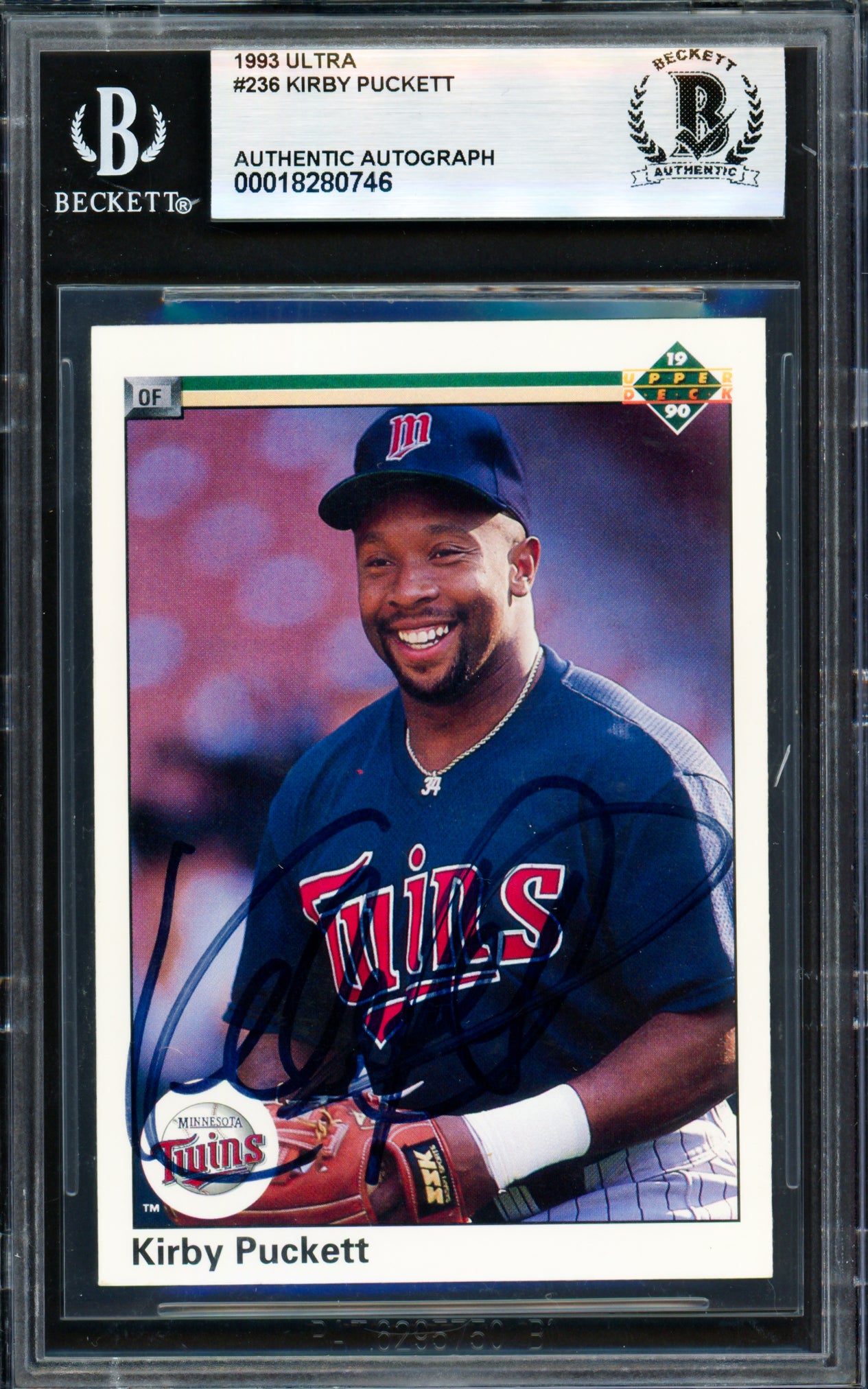 Kirby Puckett Autographed 1990 Upper Deck Card #236 Minnesota Twins Beckett BAS #18280746