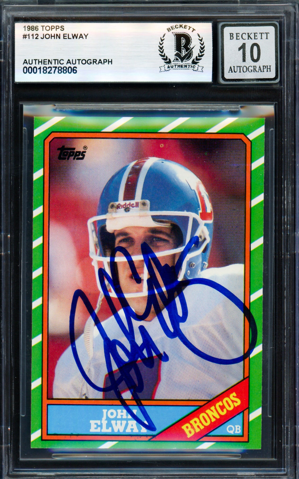 John Elway Autographed 1986 Topps Card #112 Denver Broncos Auto Grade Gem Mint 10 Beckett BAS #18278806
