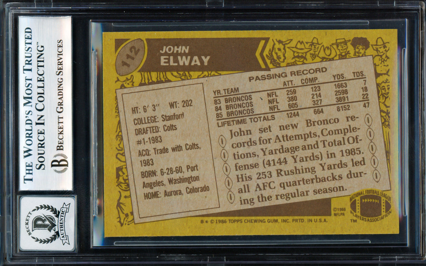 John Elway Autographed 1986 Topps Card #112 Denver Broncos Auto Grade Gem Mint 10 Beckett BAS #18278806