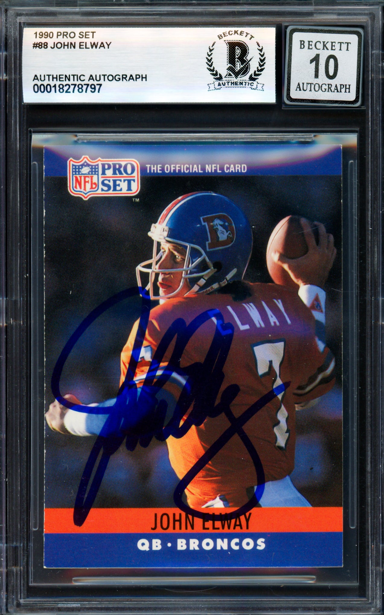 John Elway Autographed 1990 Pro Set Card #88 Denver Broncos Auto Grade Gem Mint 10 Beckett BAS #18278797