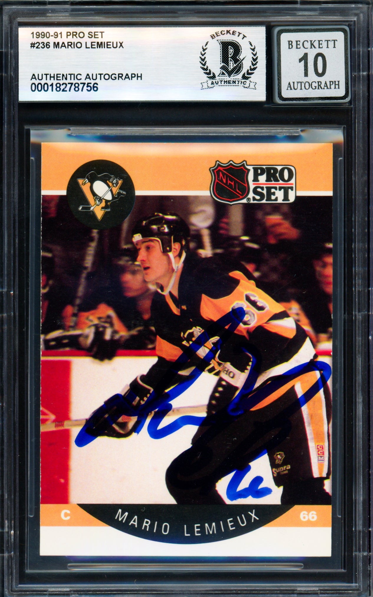 Mario Lemieux Autographed 1990-91 Pro Set Card #236 Pittsburgh Penguins Auto Grade Gem Mint 10 Beckett BAS #18278756