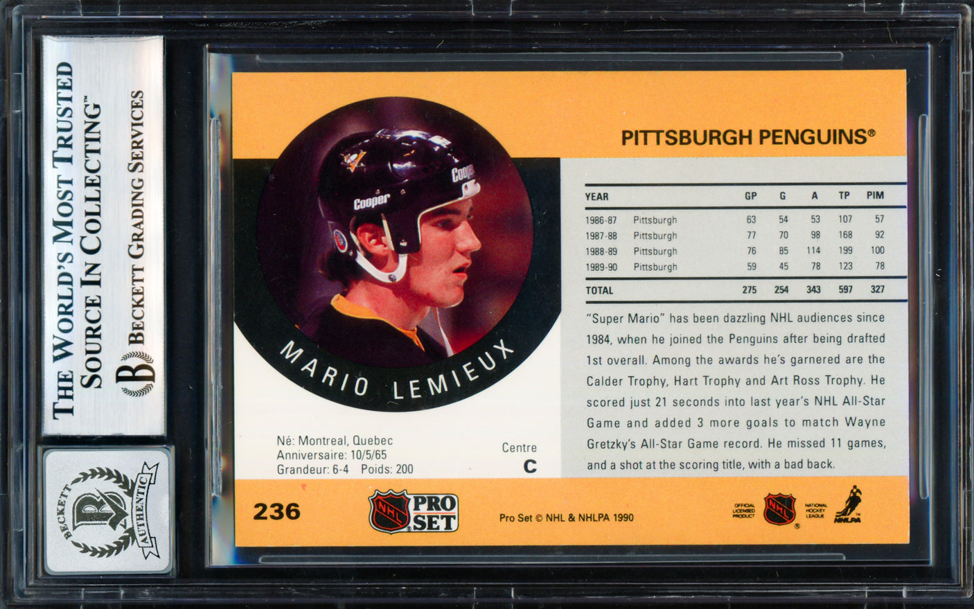 Mario Lemieux Autographed 1990-91 Pro Set Card #236 Pittsburgh Penguins Auto Grade Gem Mint 10 Beckett BAS #18278756
