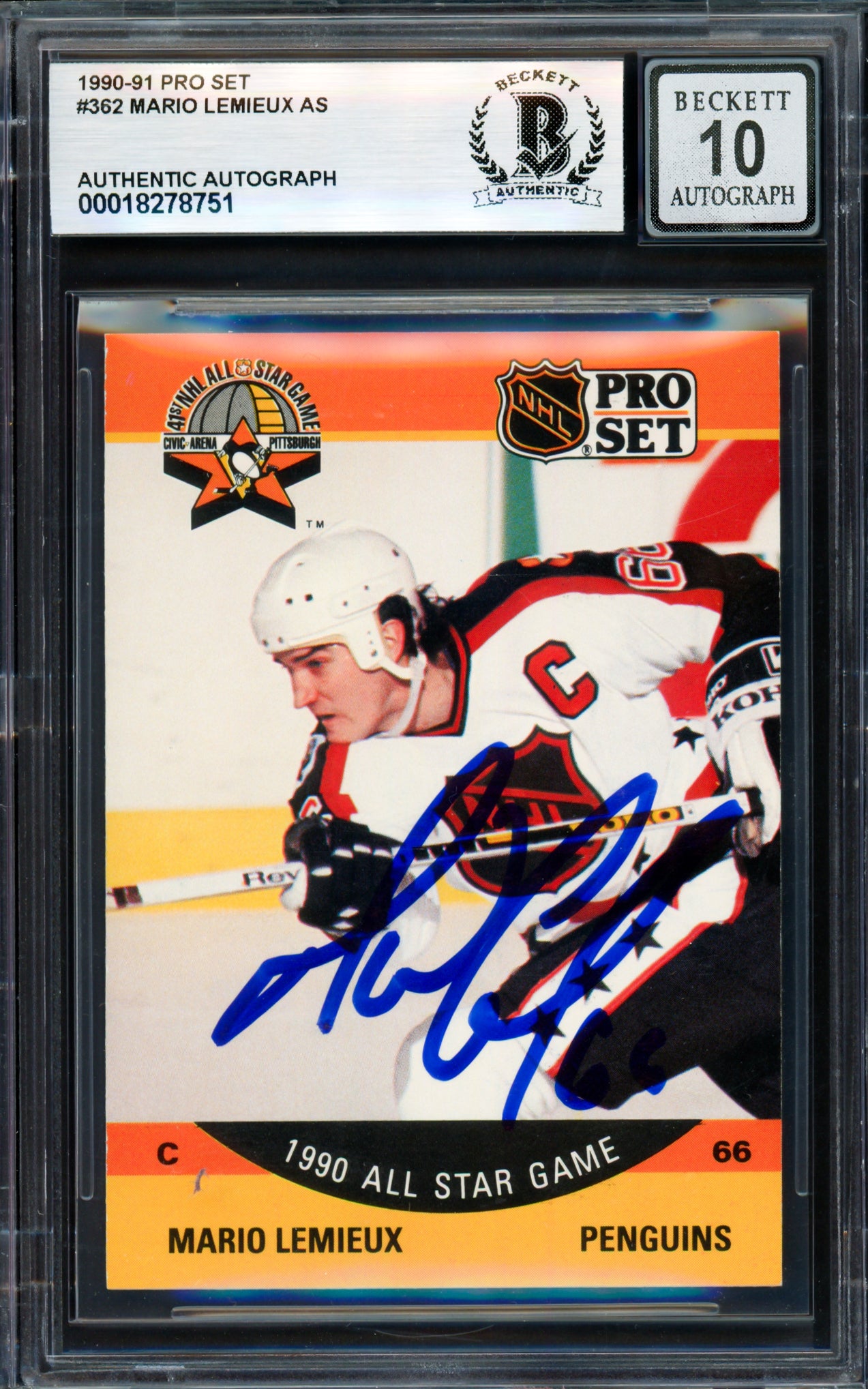 Mario Lemieux Autographed 1990-91 Pro Set Card #362 Pittsburgh Penguins Auto Grade Gem Mint 10 Beckett BAS #18278751