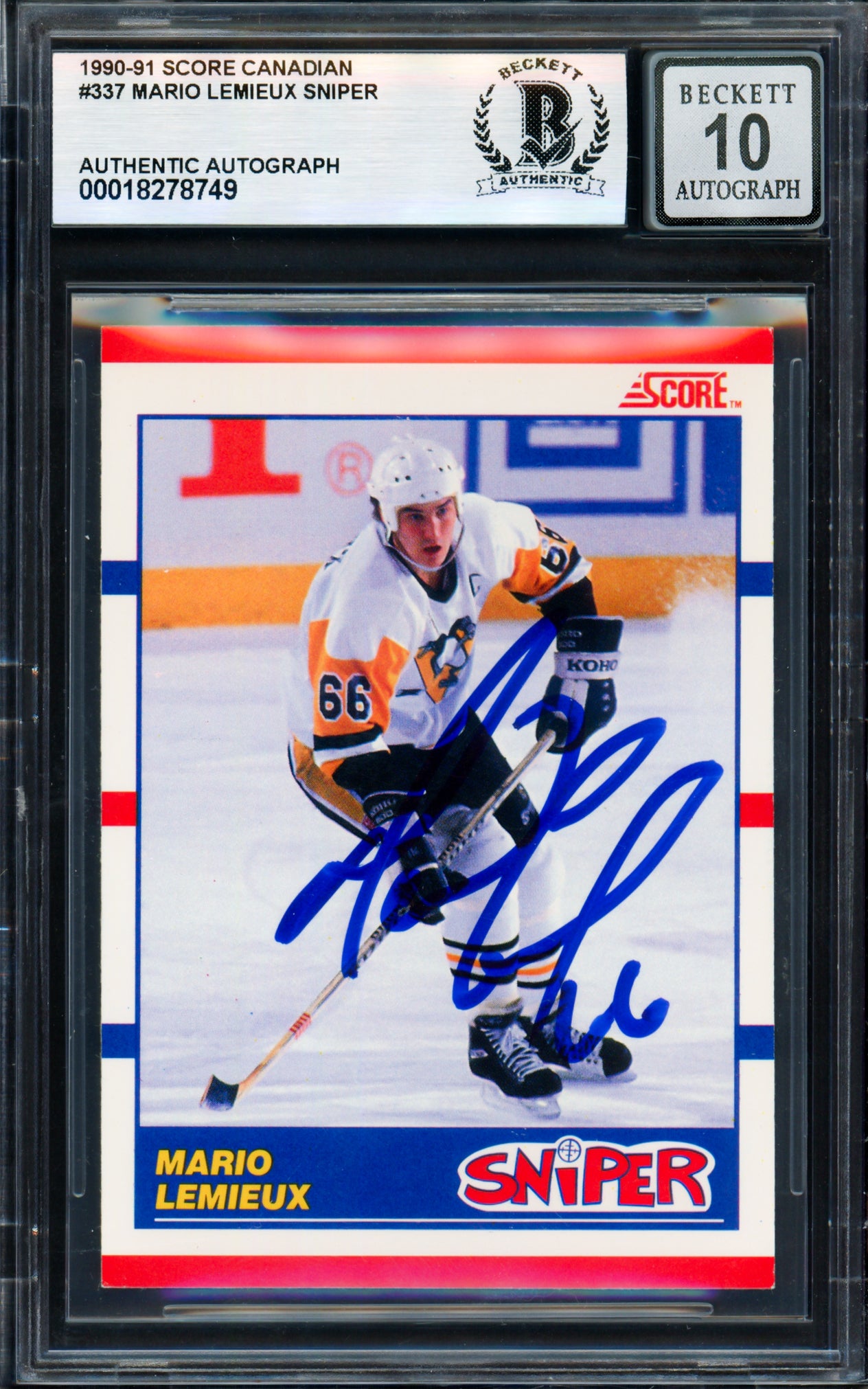 Mario Lemieux Autographed 1990-91 Score Canadian Card #337 Pittsburgh Penguins Auto Grade Gem Mint 10 Beckett BAS #18278749