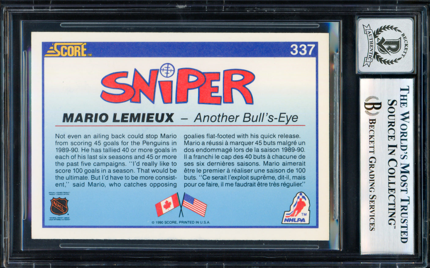 Mario Lemieux Autographed 1990-91 Score Canadian Card #337 Pittsburgh Penguins Auto Grade Gem Mint 10 Beckett BAS #18278749