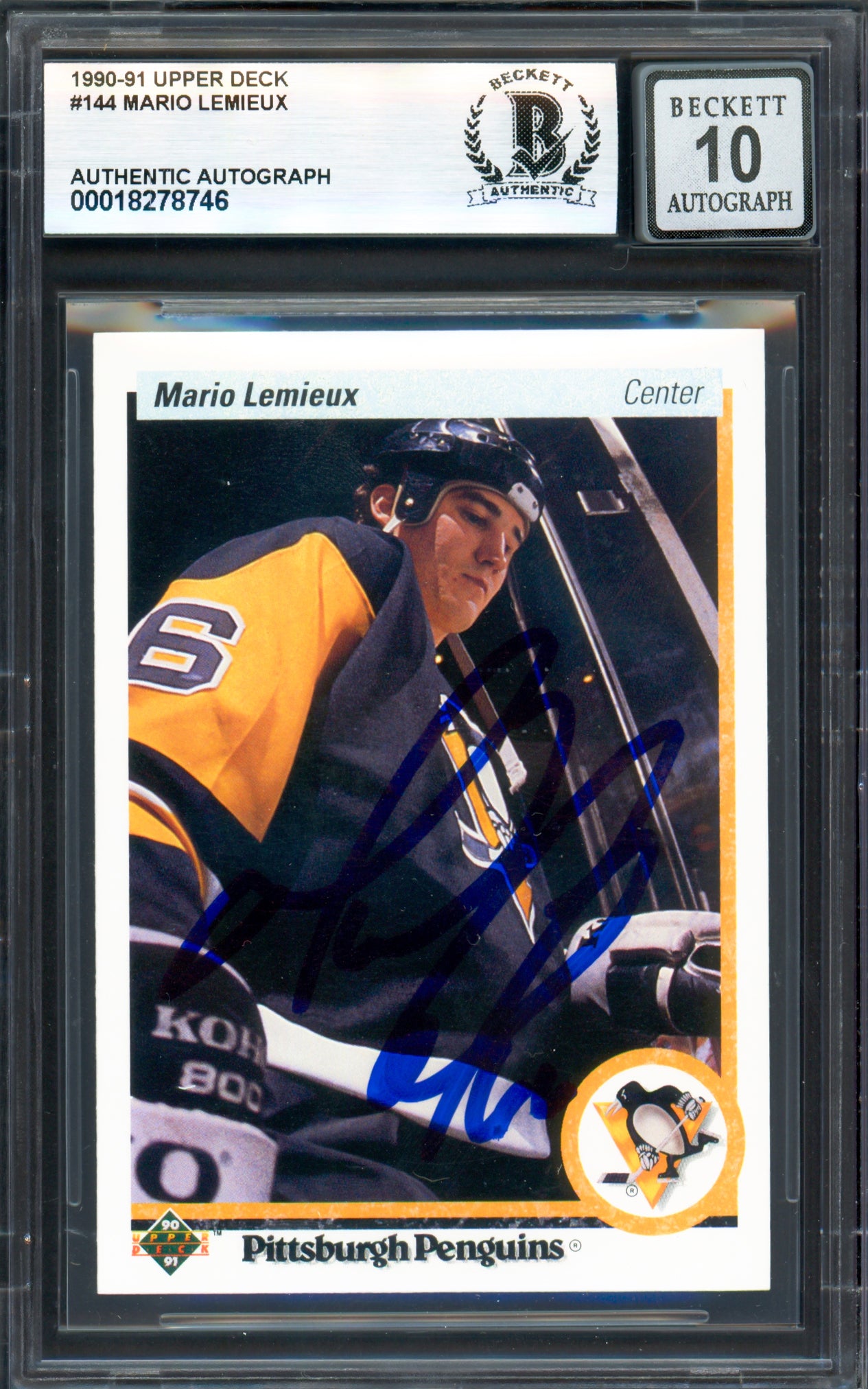Mario Lemieux Autographed 1990-91 Upper Deck Card #144 Pittsburgh Penguins Auto Grade Gem Mint 10 Beckett BAS #18278746
