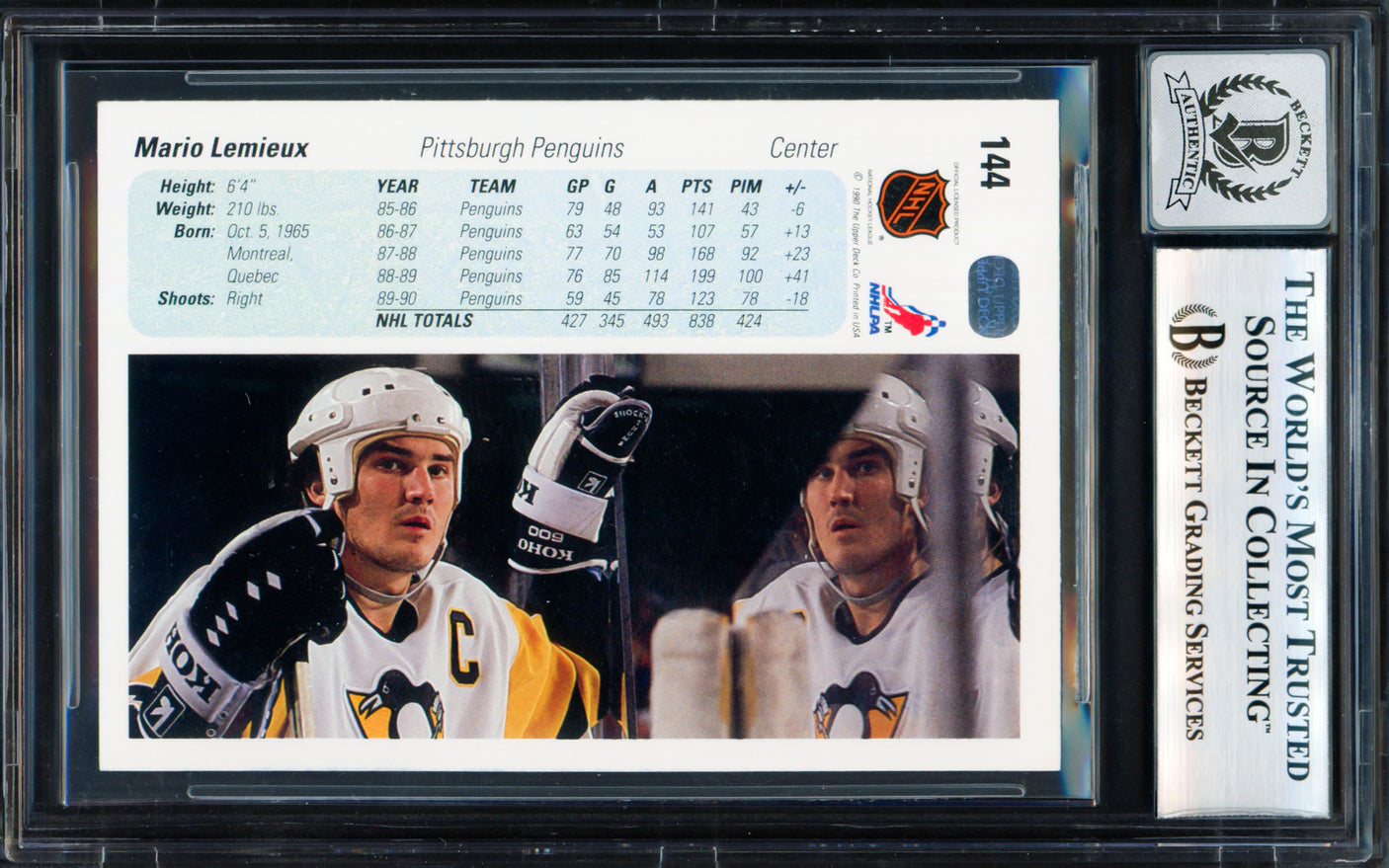Mario Lemieux Autographed 1990-91 Upper Deck Card #144 Pittsburgh Penguins Auto Grade Gem Mint 10 Beckett BAS #18278746