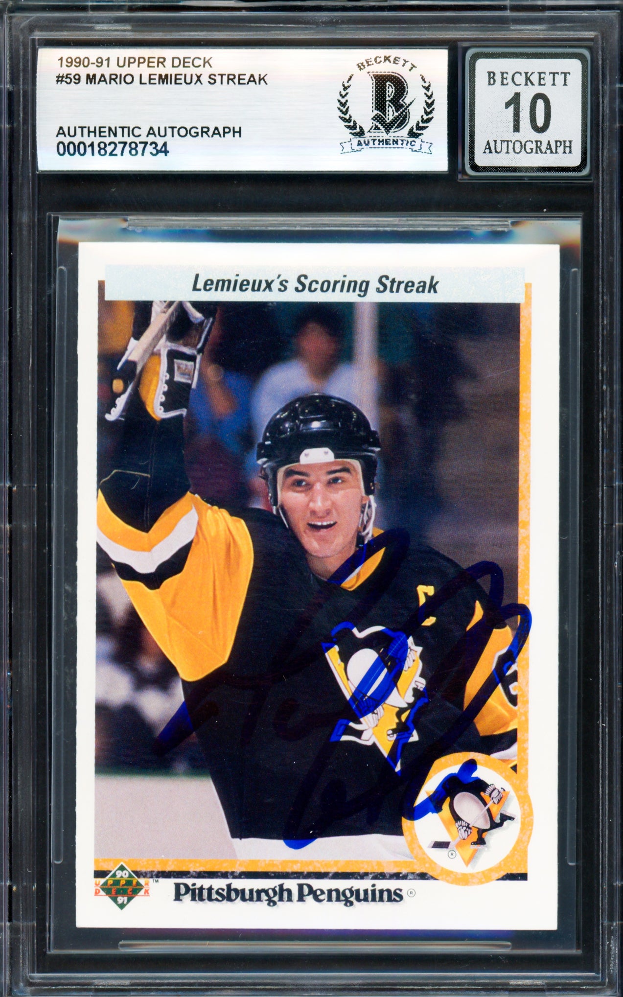 Mario Lemieux Autographed 1990-91 Upper Deck Card #59 Pittsburgh Penguins Auto Grade Gem Mint 10 Beckett BAS #18278734