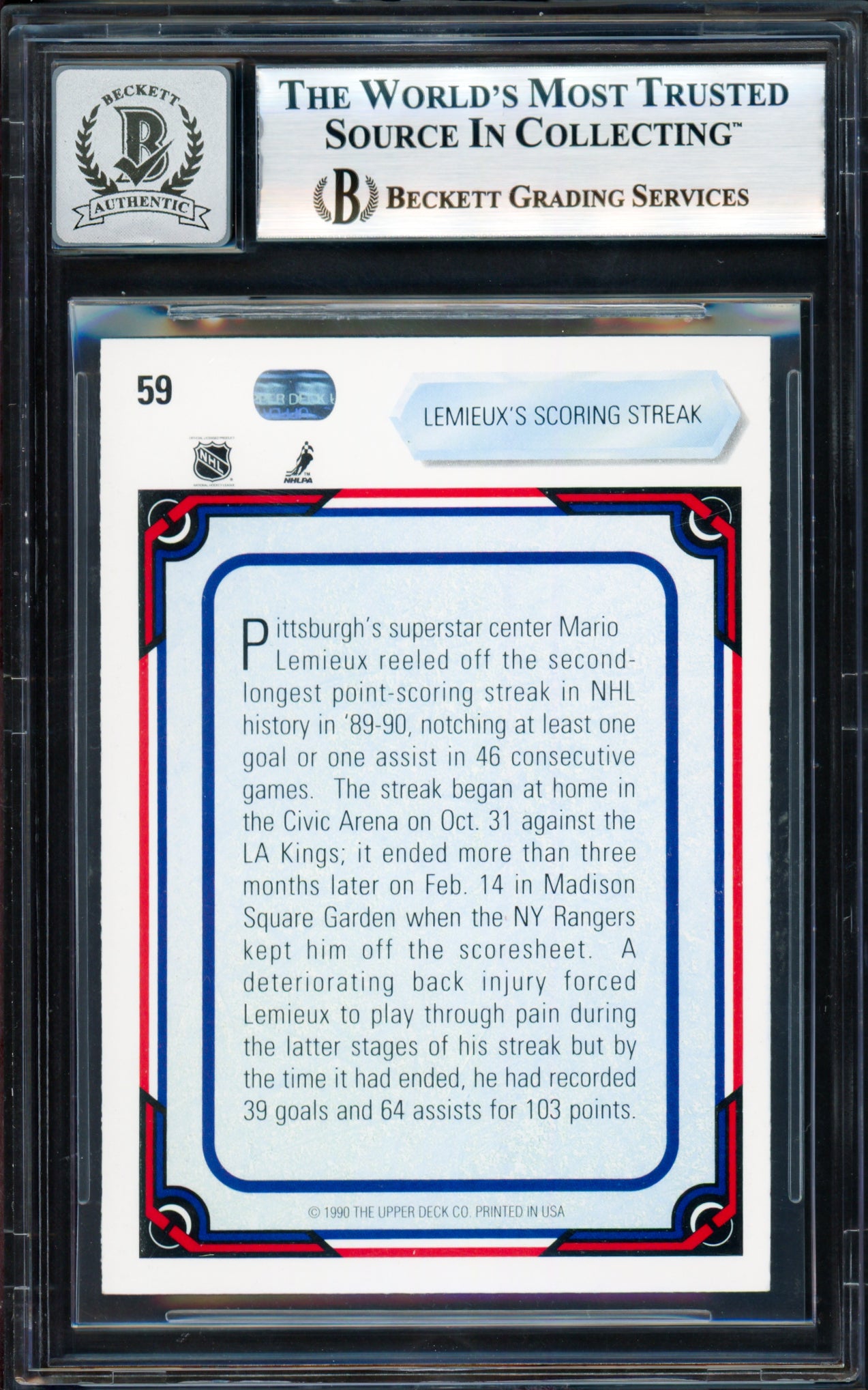 Mario Lemieux Autographed 1990-91 Upper Deck Card #59 Pittsburgh Penguins Auto Grade Gem Mint 10 Beckett BAS #18278734