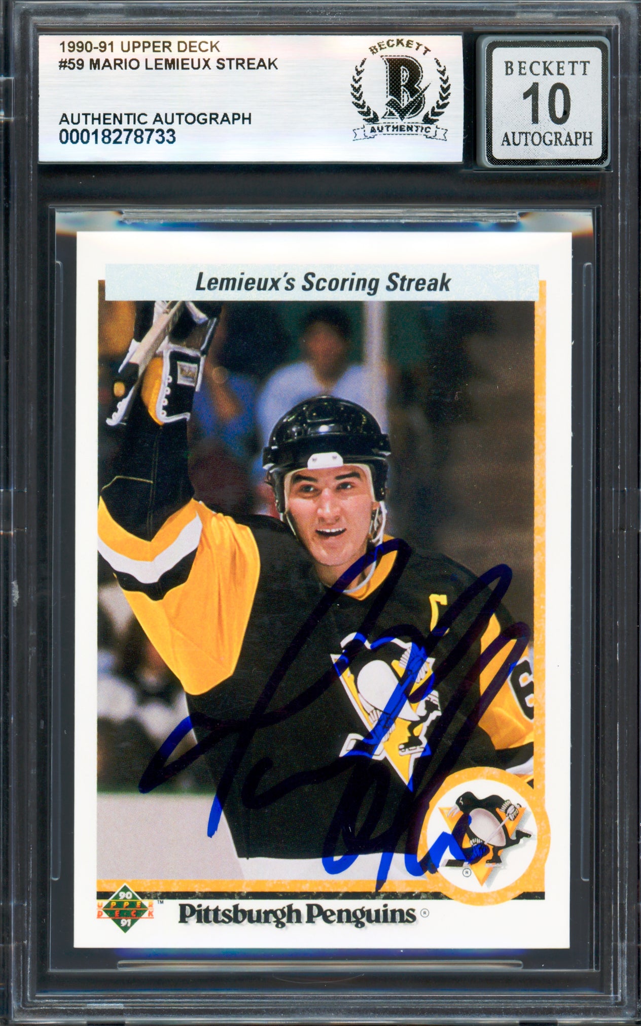 Mario Lemieux Autographed 1990-91 Upper Deck Card #59 Pittsburgh Penguins Auto Grade Gem Mint 10 Beckett BAS #18278733