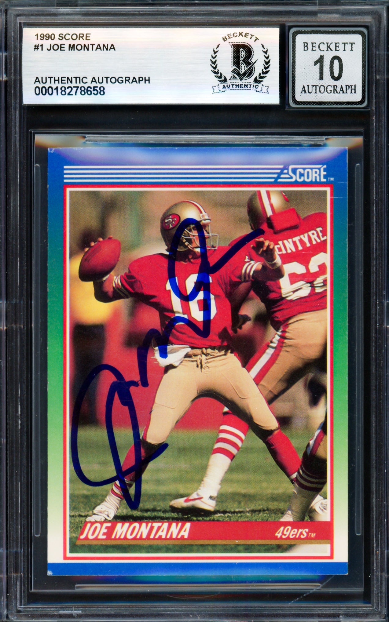 Joe Montana Autographed 1990 Score Card #1 San Francisco 49ers Auto Grade Gem Mint 10 Beckett BAS #18278658
