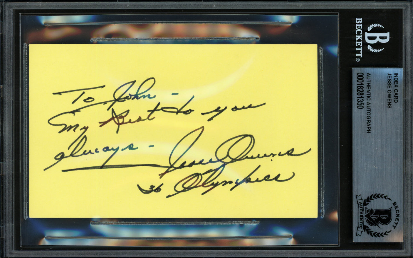 Jesse Owens Autographed 3x5 Index Card 1936 Olympics "To John My Best to You, 36 Olympics" Beckett BAS #18281350
