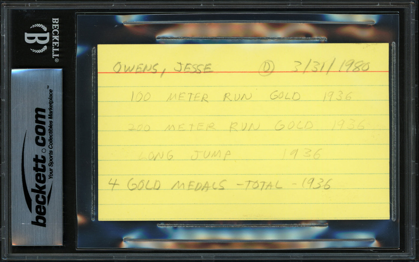 Jesse Owens Autographed 3x5 Index Card 1936 Olympics "To John My Best to You, 36 Olympics" Beckett BAS #18281350