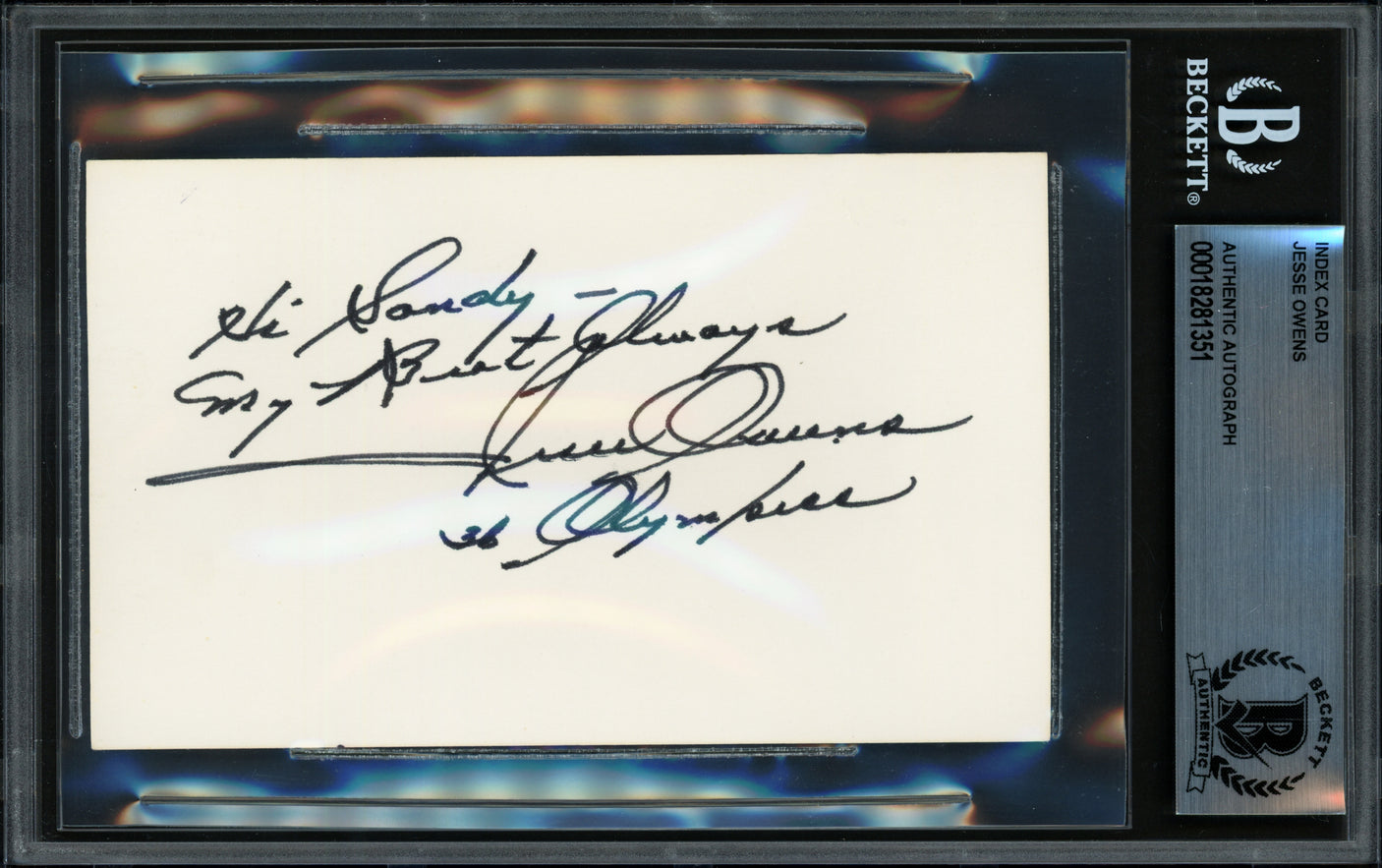 Jesse Owens Autographed 3x5 Index Card 1936 Olympics "Hi Sandy My Best Always 36 Olympics" Beckett BAS #18281351