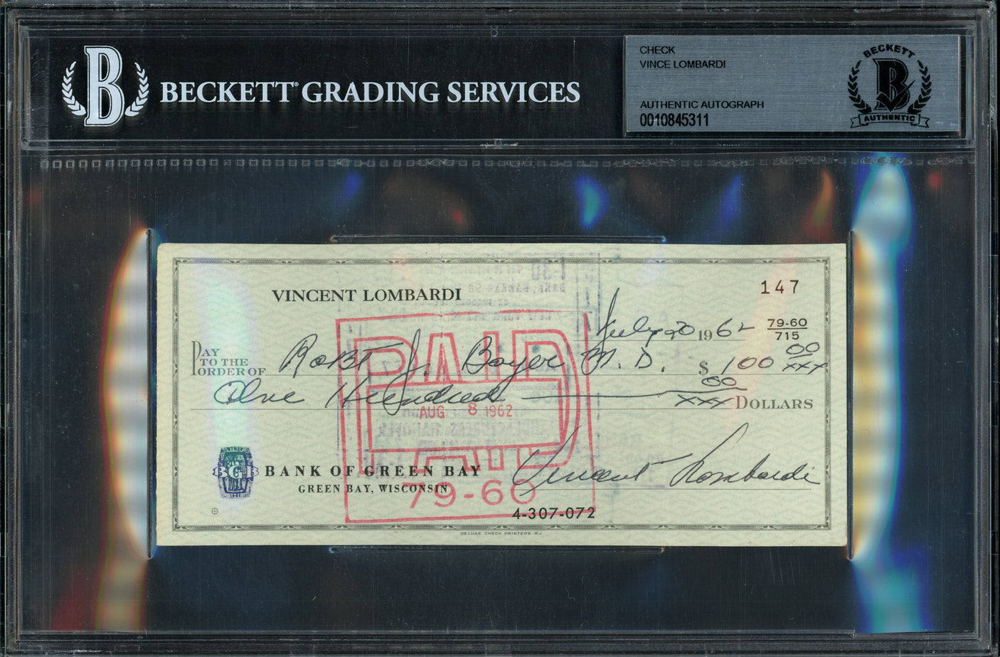 Vince Lombardi Autographed 3x6 Check Green Bay Packers Beckett BAS #10845311