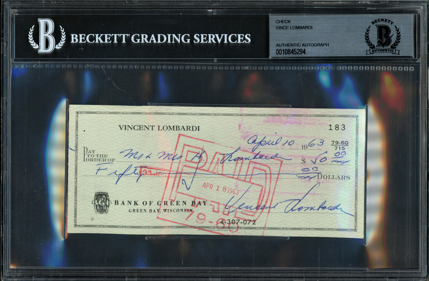 Vince Lombardi Autographed 3x6 Check Green Bay Packers Beckett BAS #10845294