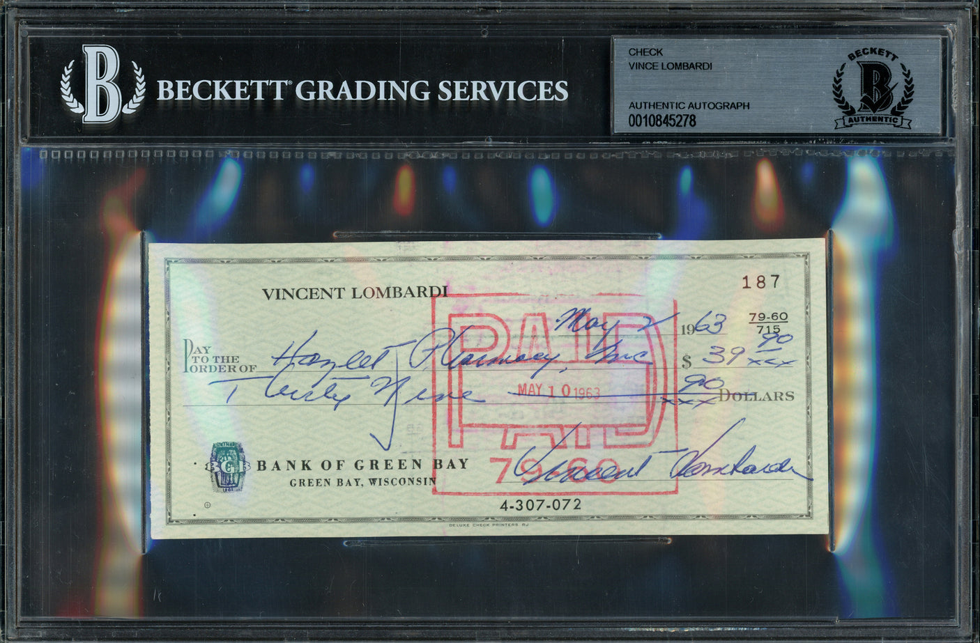 Vince Lombardi Autographed 3x6 Check Green Bay Packers Beckett BAS #10845278