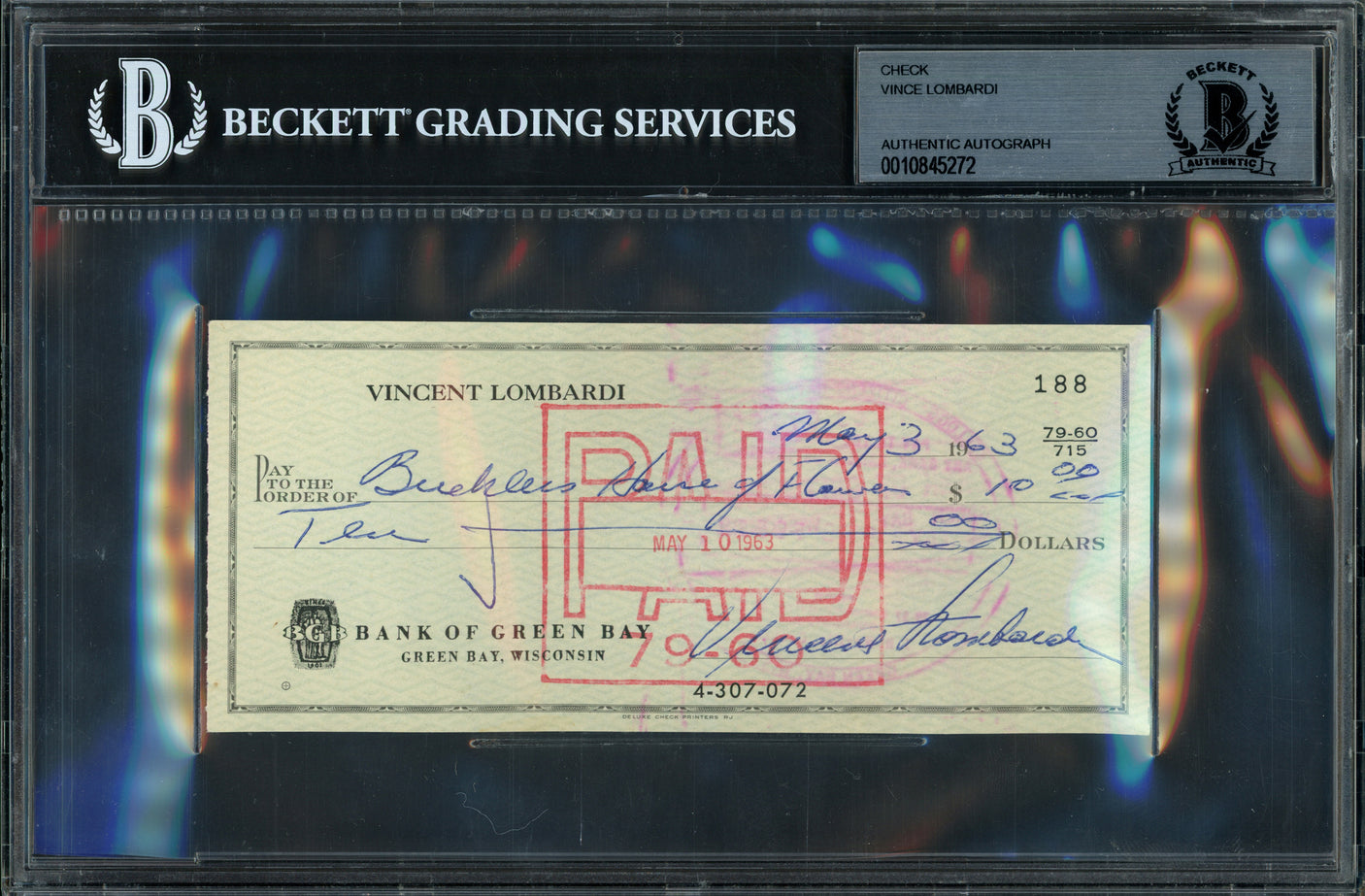 Vince Lombardi Autographed 3x6 Check Green Bay Packers Beckett BAS #10845272