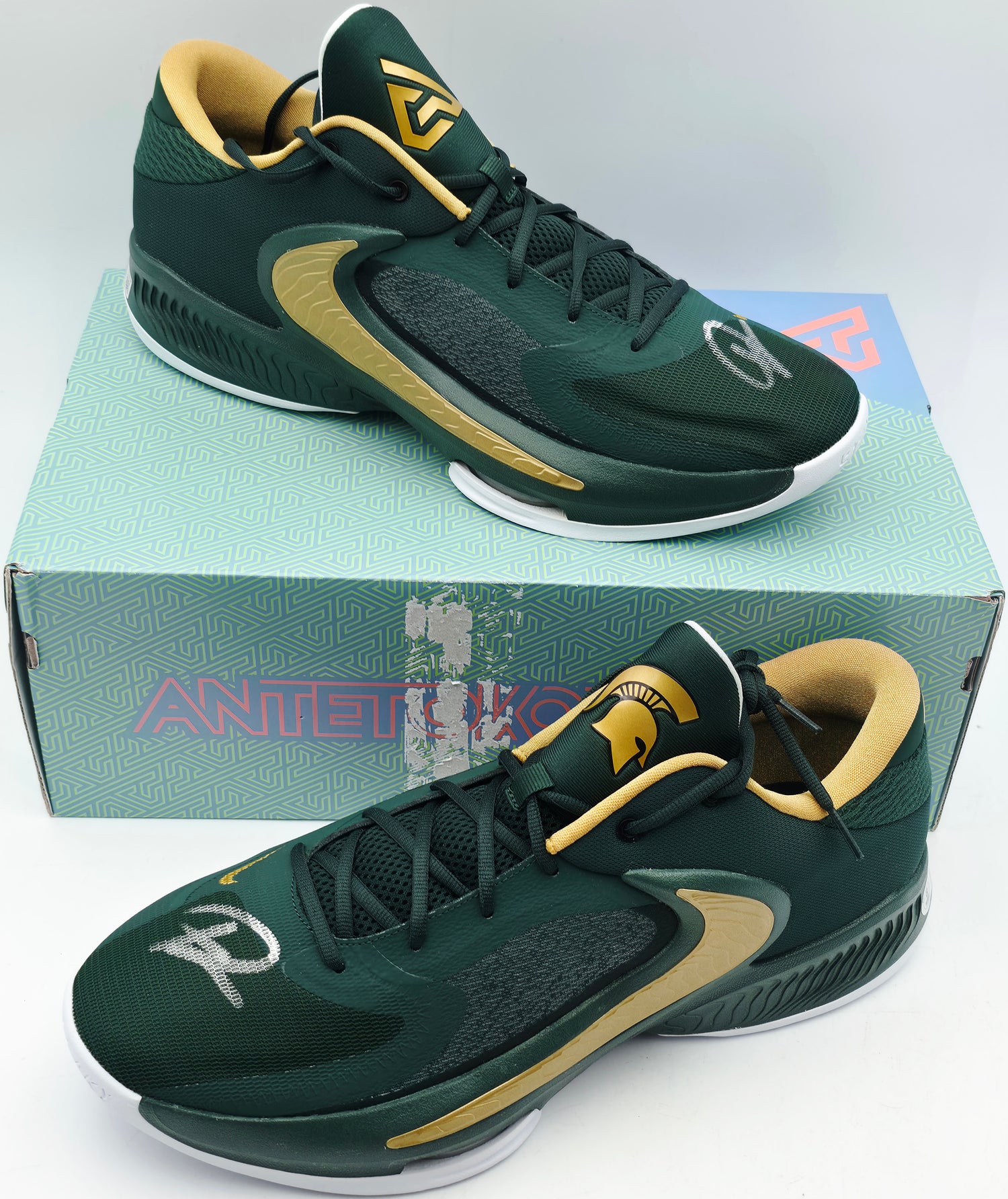 Giannis Antetokounmpo Autographed 2022 Player Exclusive (PE) Promo MICHIGAN STATE Pro Green & Metallic Nike Zoom Freak 4 NCAA SOS Shoes Size 16 (With Box) Beckett BAS Witness #3W396698 & #3W396699