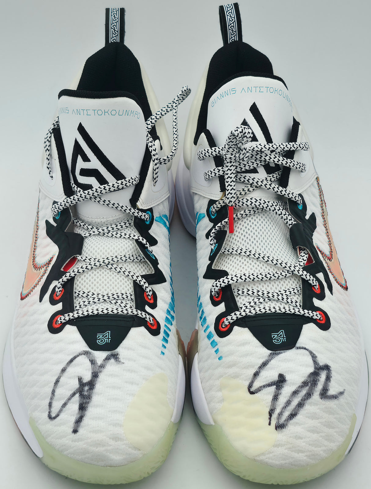 Giannis Antetokounmpo Autographed White & Clear Rainbow Nike IMORTALITY 3 Shoes Milwaukee Bucks Size 17 (No Box) Beckett BAS Witness #3W397277 & #3W397278