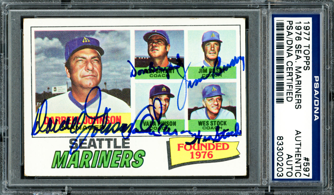 Seattle Mariner Coaches Autographed 1977 Topps Card #597 Seattle Mariners (Signed By All 5) PSA/DNA #83300203