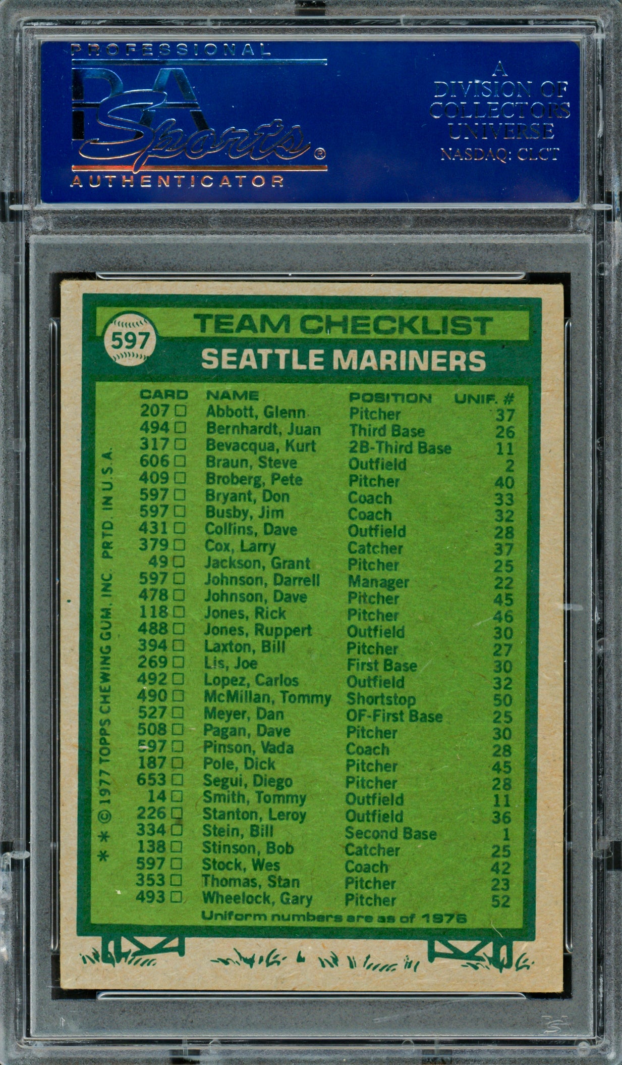 Seattle Mariner Coaches Autographed 1977 Topps Card #597 Seattle Mariners (Signed By All 5) PSA/DNA #83300203