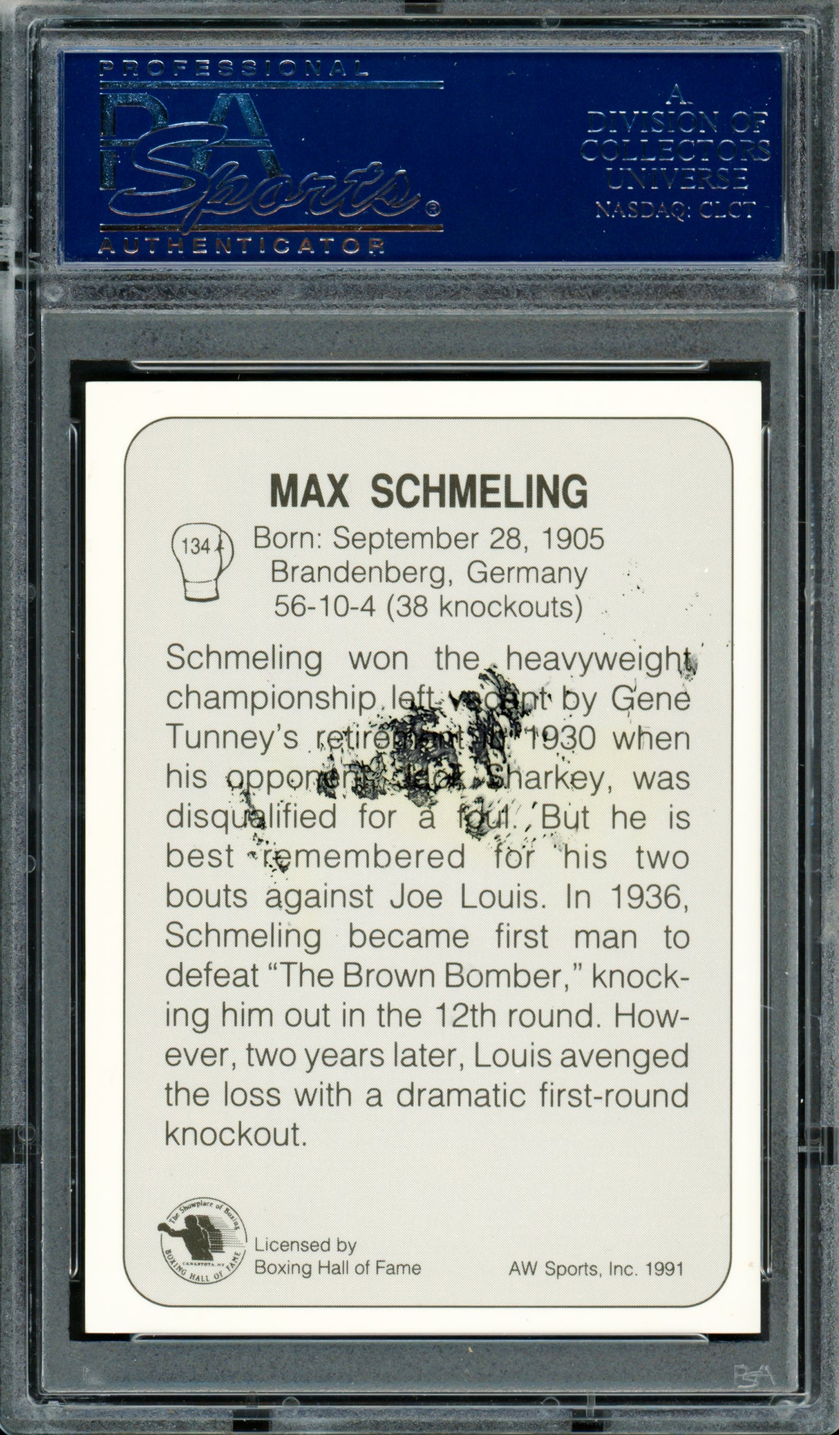 Max Schmeling Autographed 1991 AW Sports Card #134 (Smudged) PSA/DNA #83314057