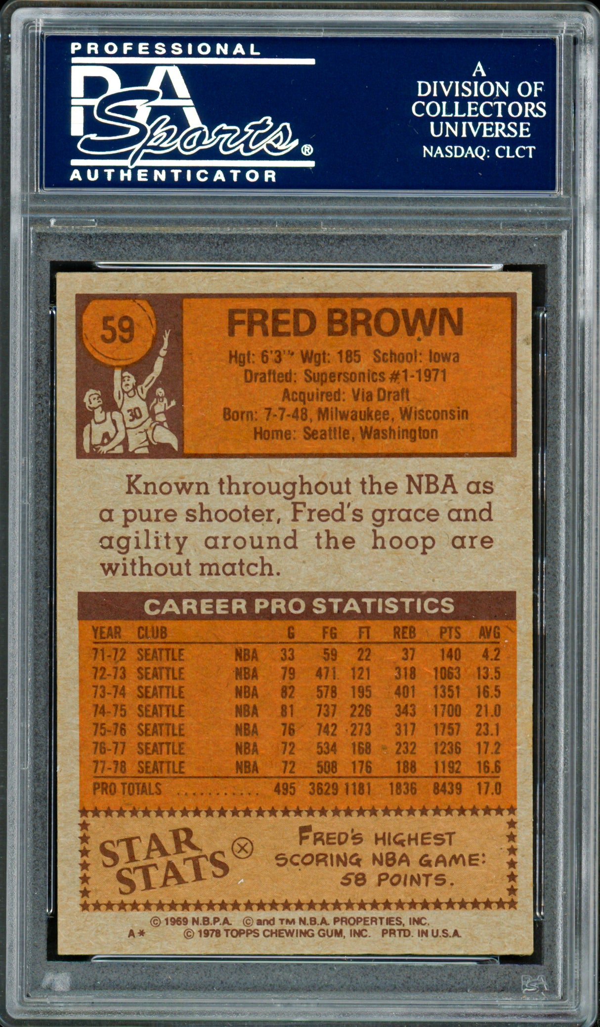 Downtown Fred Brown Autographed 1978-79 Topps Card #59 Seattle Supersonics PSA/DNA #83920454
