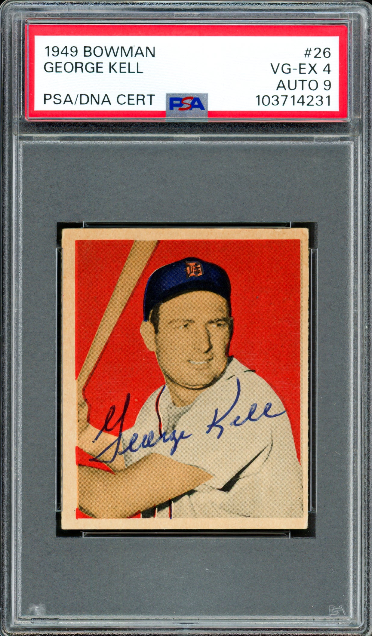 George Kell Autographed 1949 Bowman Rookie Card #26 Detroit Tigers PSA 4 Auto Grade Mint 9 PSA/DNA #103714231