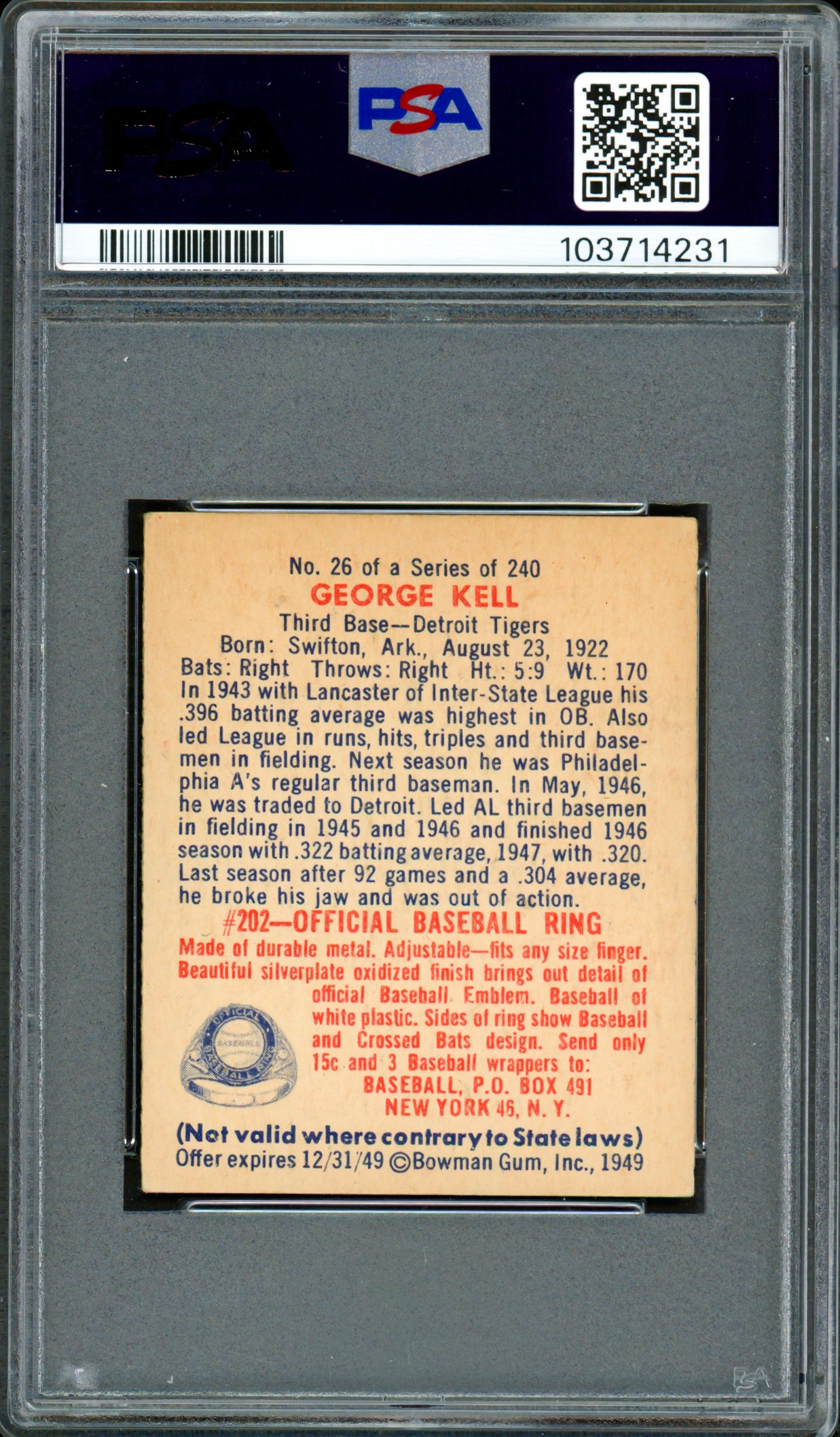 George Kell Autographed 1949 Bowman Rookie Card #26 Detroit Tigers PSA 4 Auto Grade Mint 9 PSA/DNA #103714231