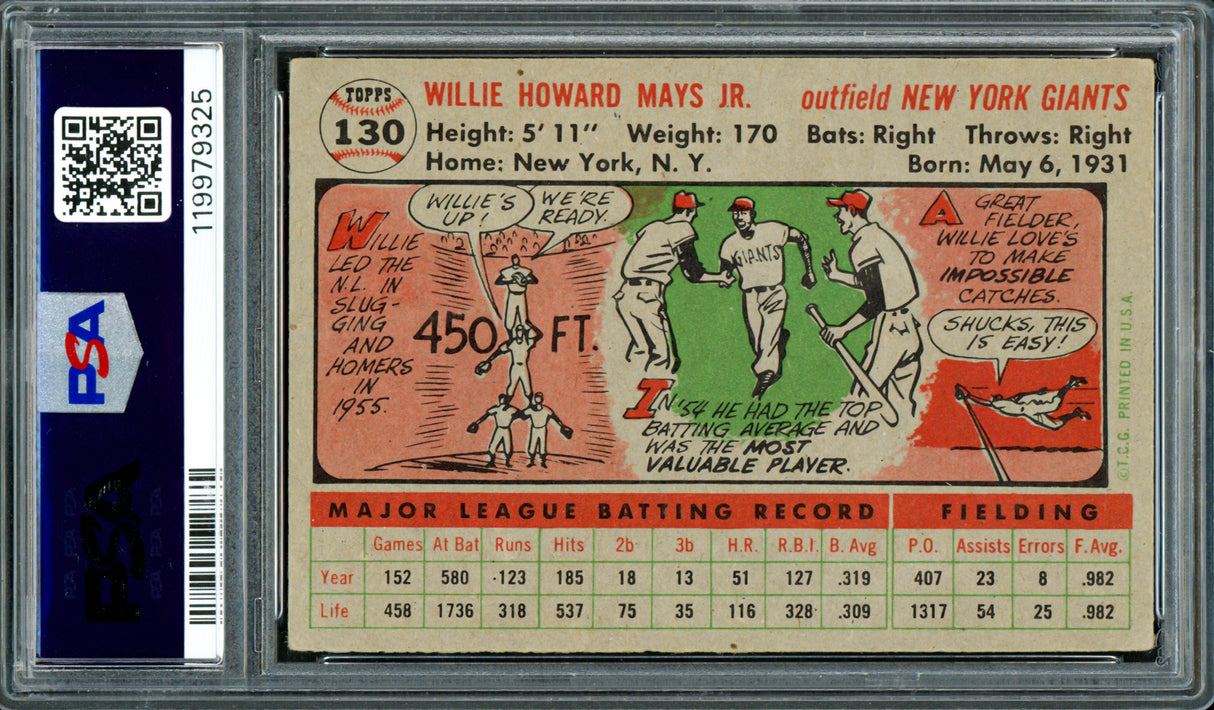 Willie Mays Autographed 1956 Topps Card #130 New York Giants PSA 2 Auto Grade 7 PSA/DNA #119979325