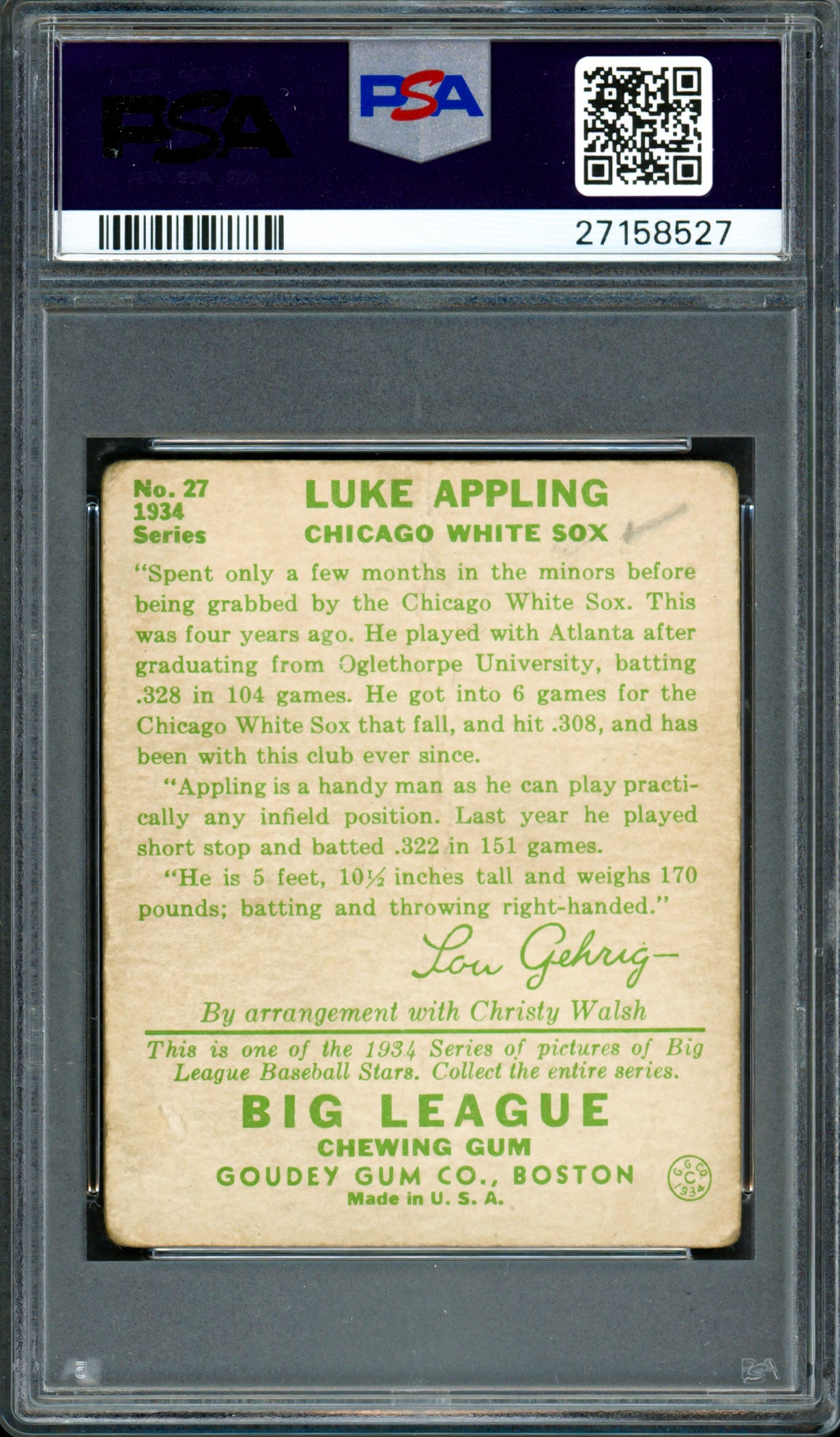 Luke Appling Autographed 1934 Goudey Rookie Card #27 Chicago White Sox PSA 1 Auto Grade Mint 9 PSA/DNA #27158527